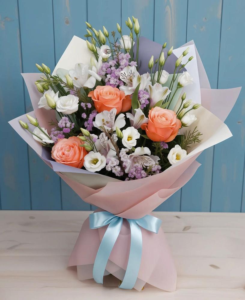 Букет цветов из: Лизиантусы, Розы, Альстромерии и Гипсофила в Алтуде