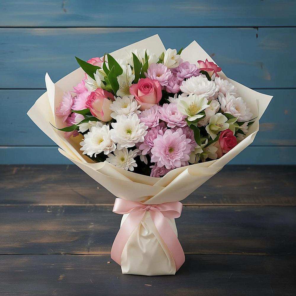 Букет цветов из: Хризантемы, Альстромерии и Розы в Алтуде